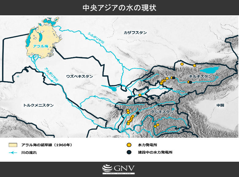 OpenStreetMap、 Barqi Tojik 、 CIS Electric Power Council. Electric power of the Kyrgyz Republic 、 The Aral Sea disasterを基に作成