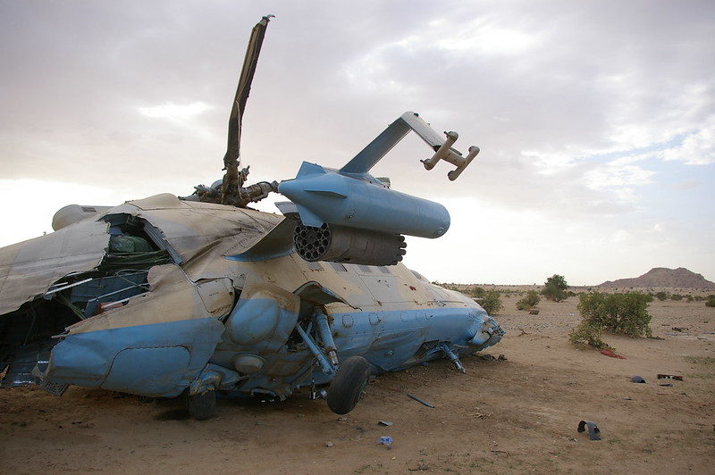 A shot-down Chadian attack helicopter
